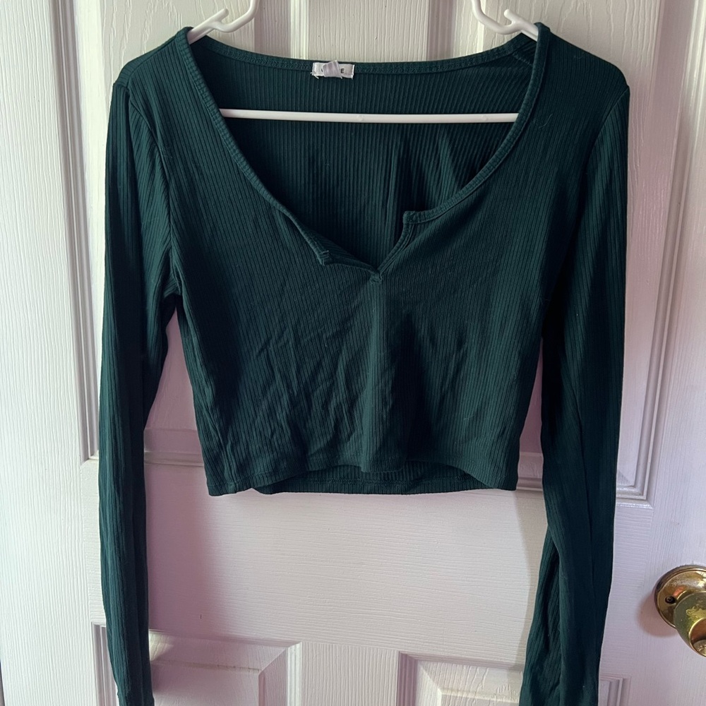 Garage Deep Green Ribbed Long Sleeve Blouse